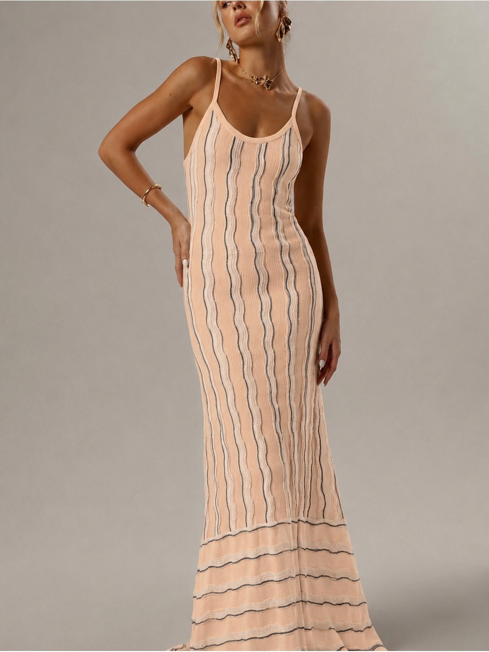 Sleeveless Peach Stripe Knit Maxi Dress - Unbranded